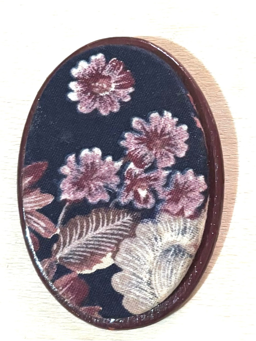 Vintage Oval Floral Fabric Brooch in Black and Brown